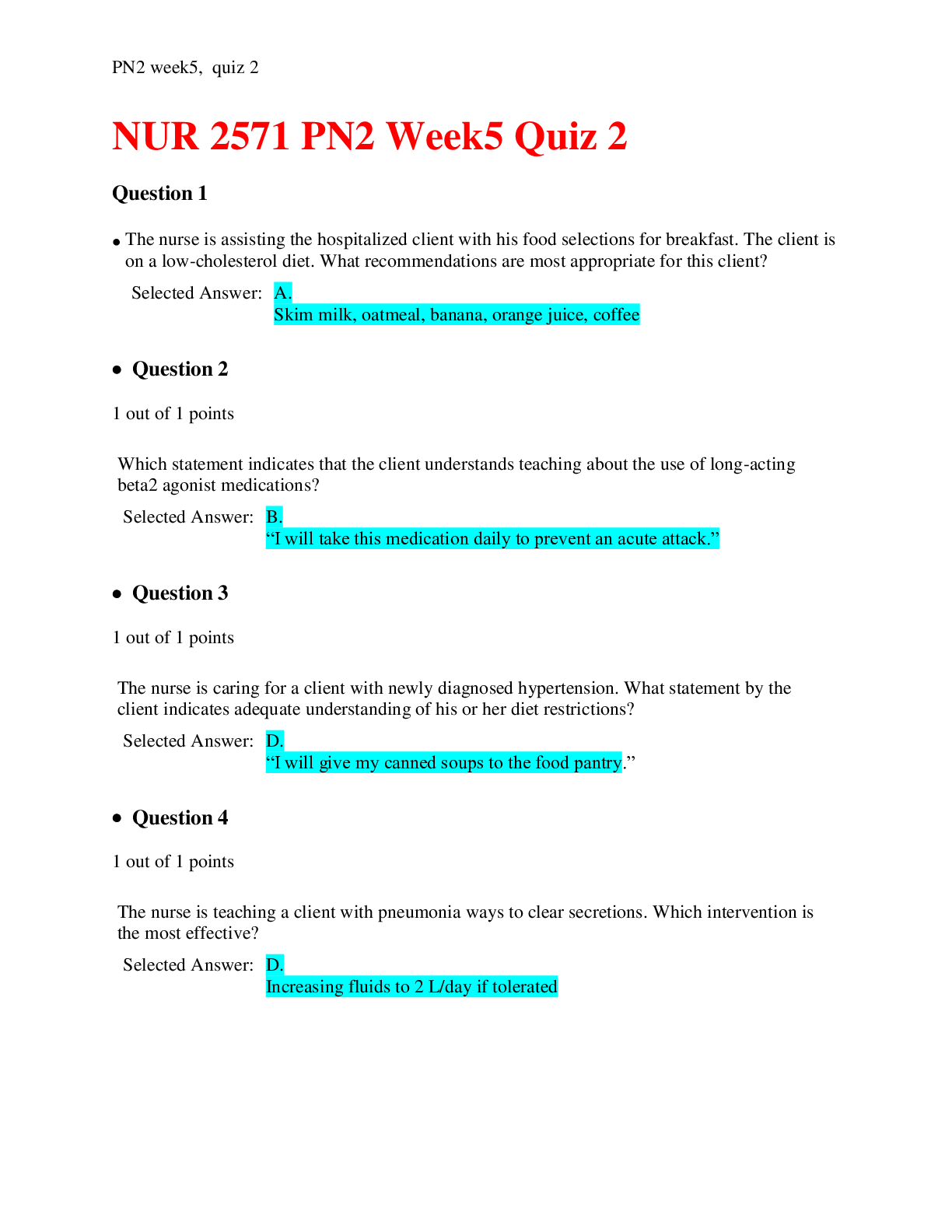 NUR 2571 PN2 Week5 Quiz 2 With Complete And Latest Answers |Updated Versions Rated A